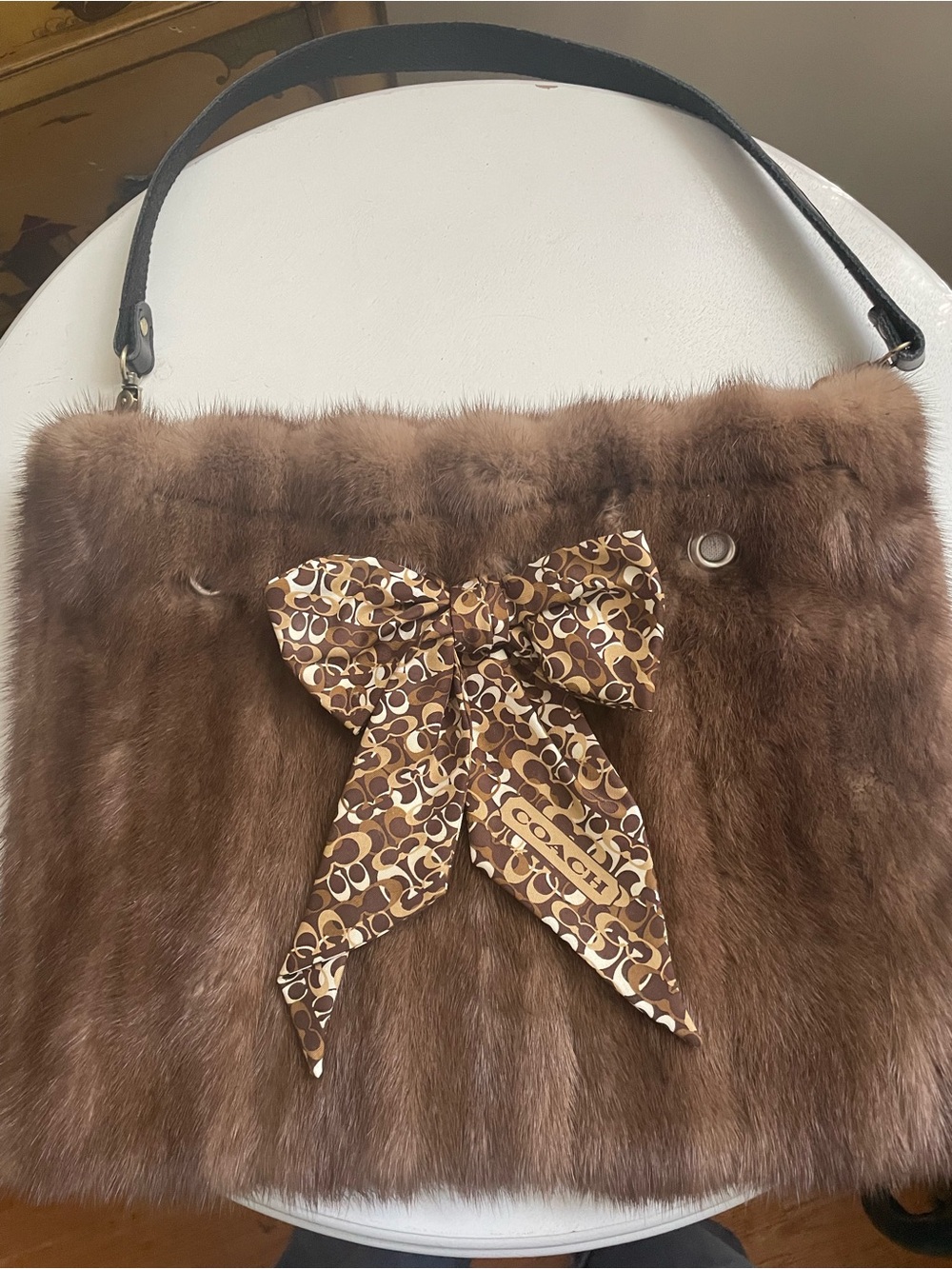 Upcycled Brown Real Fur Shoulder Bag with Big Coach Bow and Grommet Details